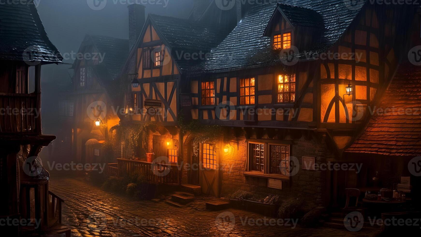 AI generated dark foggy night streets of medieval european city, neural network generated image photo