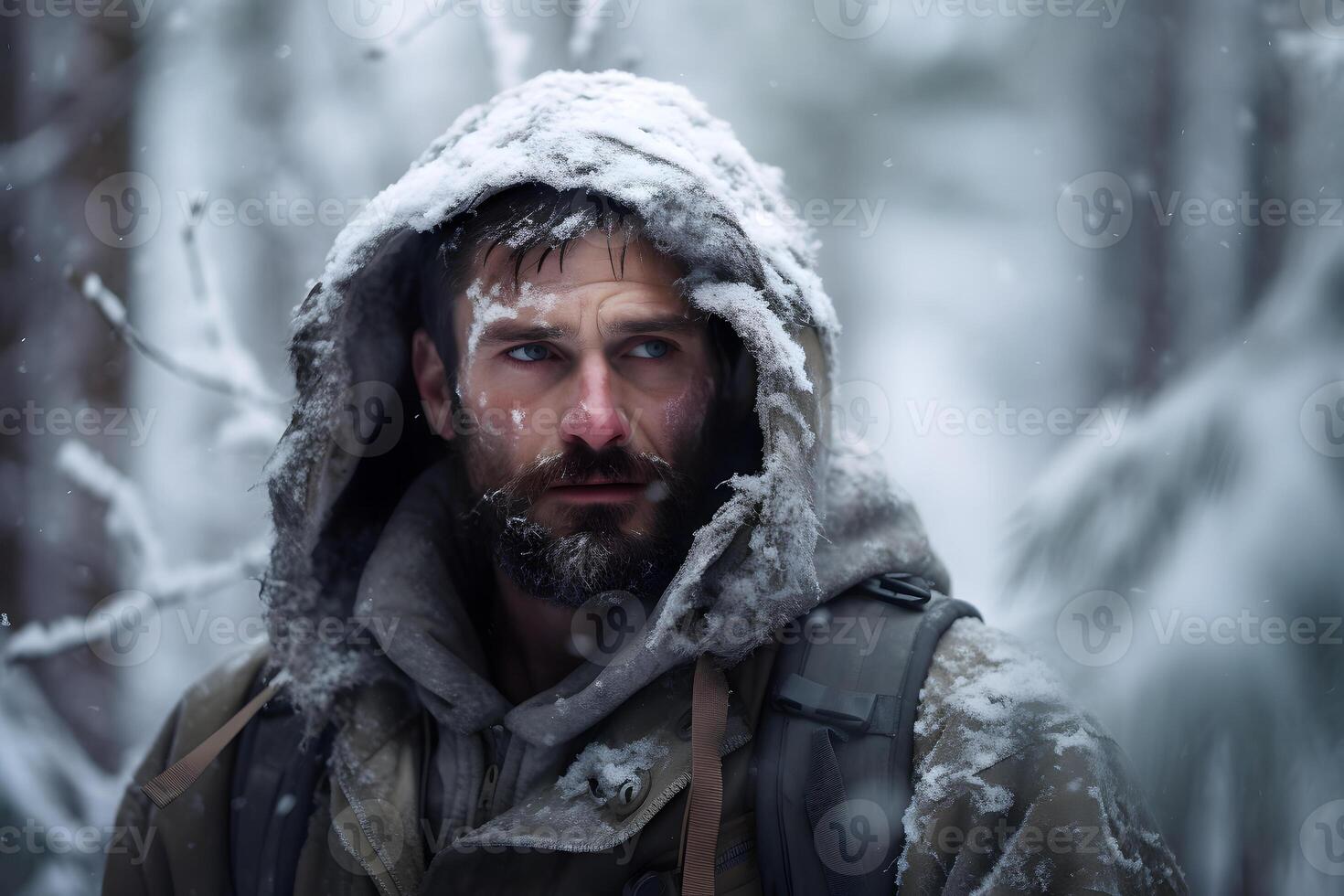 AI generated Young adult Caucasian man in winter forest at snowy day, neural network generated photorealistic image photo