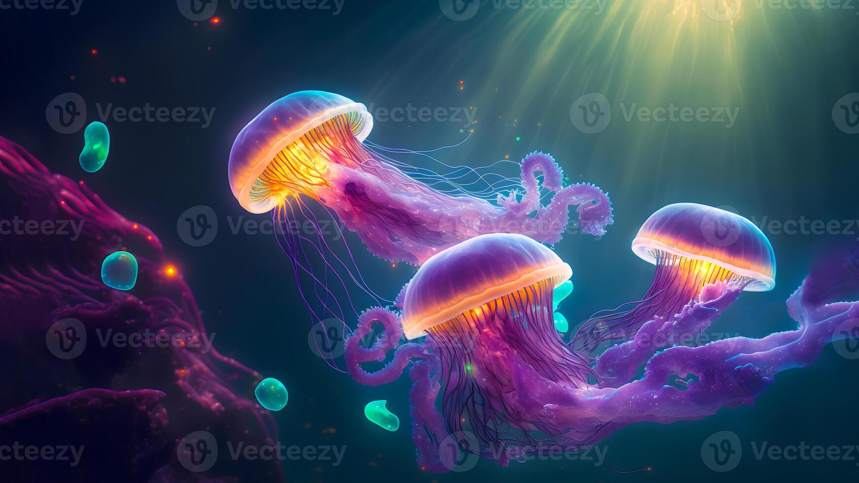 AI generated glowing sea jellyfishes on dark background, neural network generated art photo