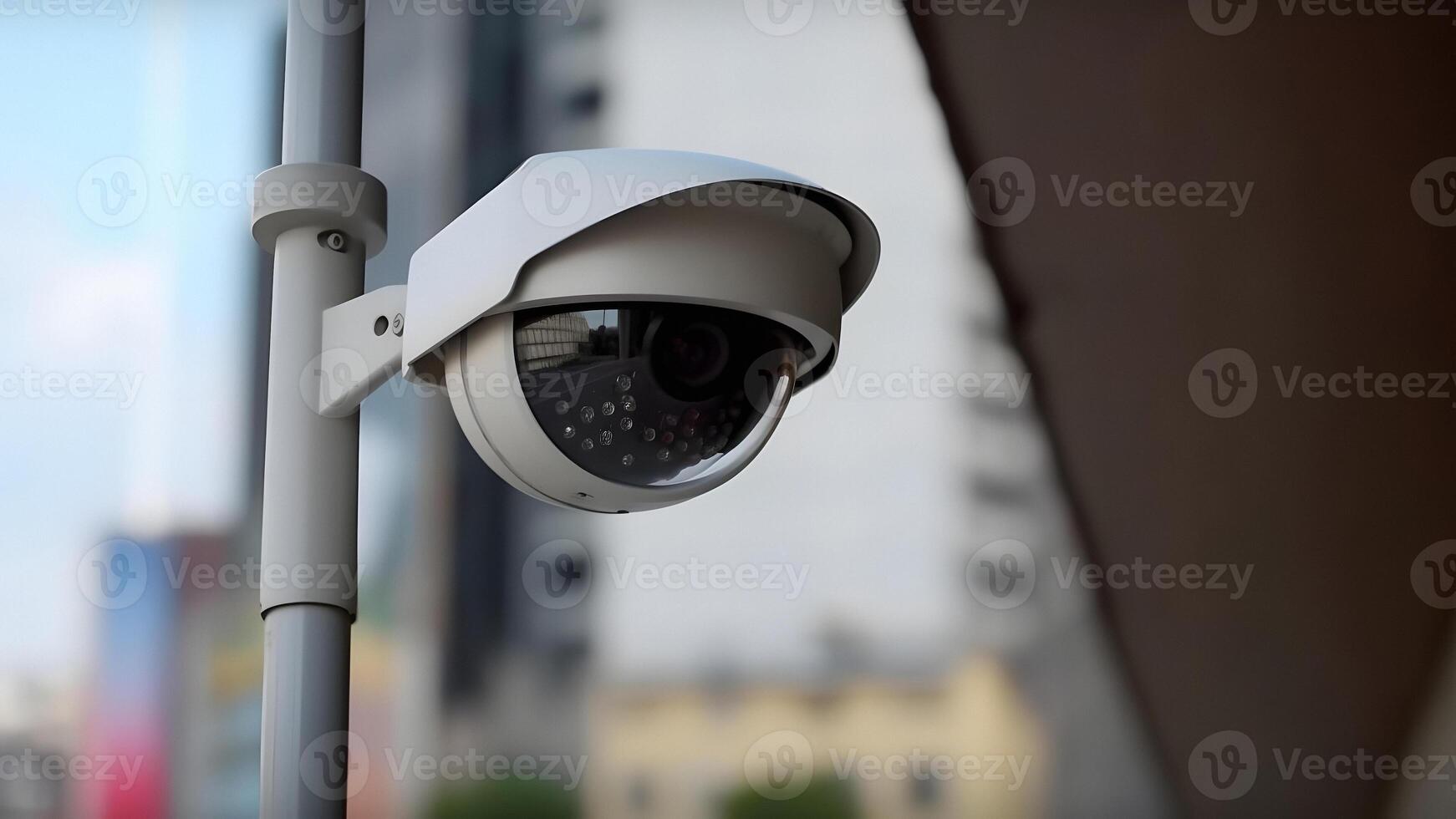 AI generated Modern CCTV Camera in a city street close up with selective focus at daytime, neural network generated picture photo