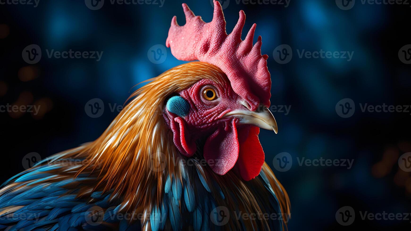 AI generated gorgeous colorful rooster close portrait on black background, neural network generated photorealistic image photo