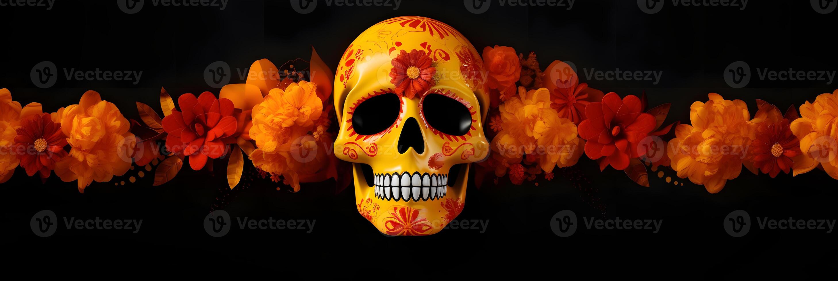AI generated Dia De Los Muertos or Day of the Dead Celebration Banner background wtih sculls and yellow flowers, neural network generated image photo