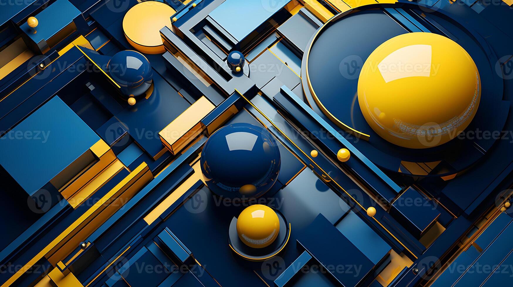 AI generated abstract background of 3D photorealistic gloss spheres and cuboid shapes in blue and yellow colors, neural network generated image photo