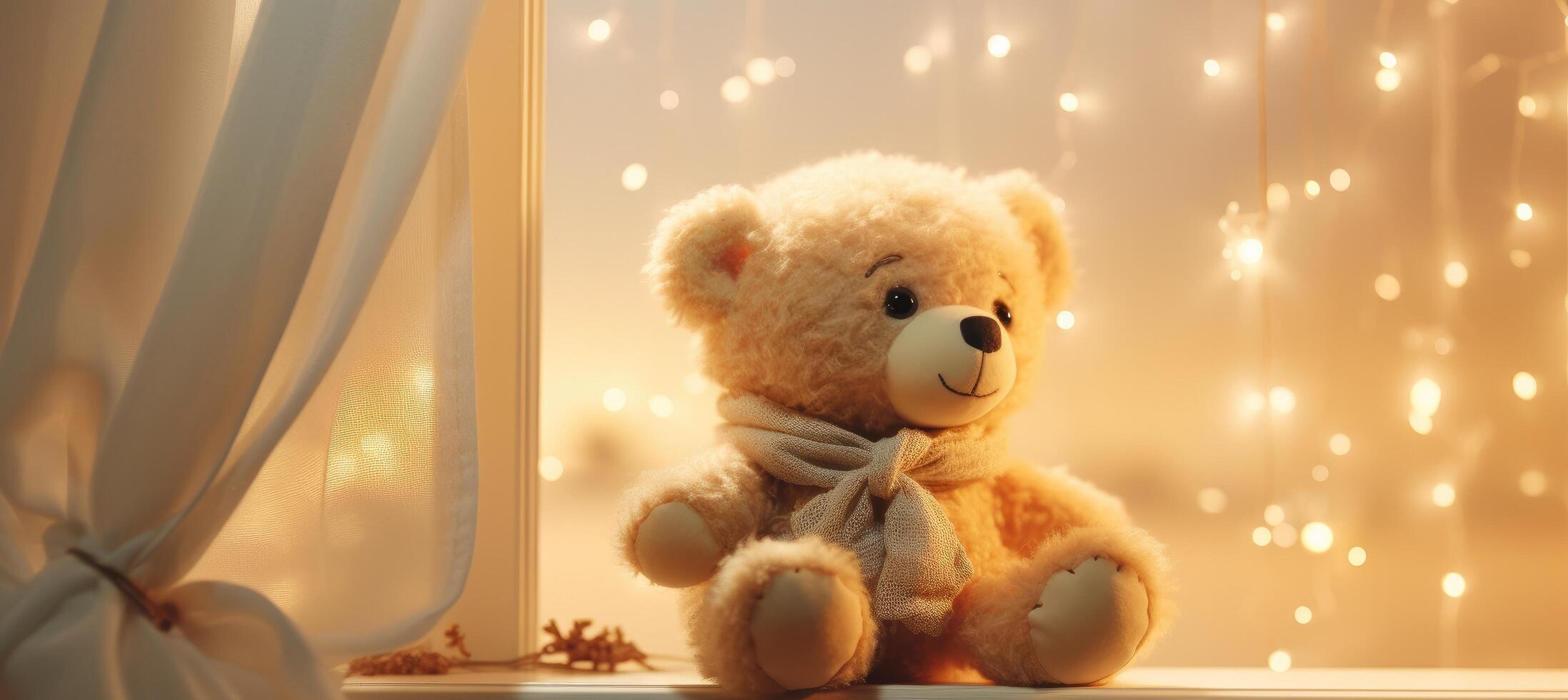 AI generated a bear sits by the window with star lights, photo