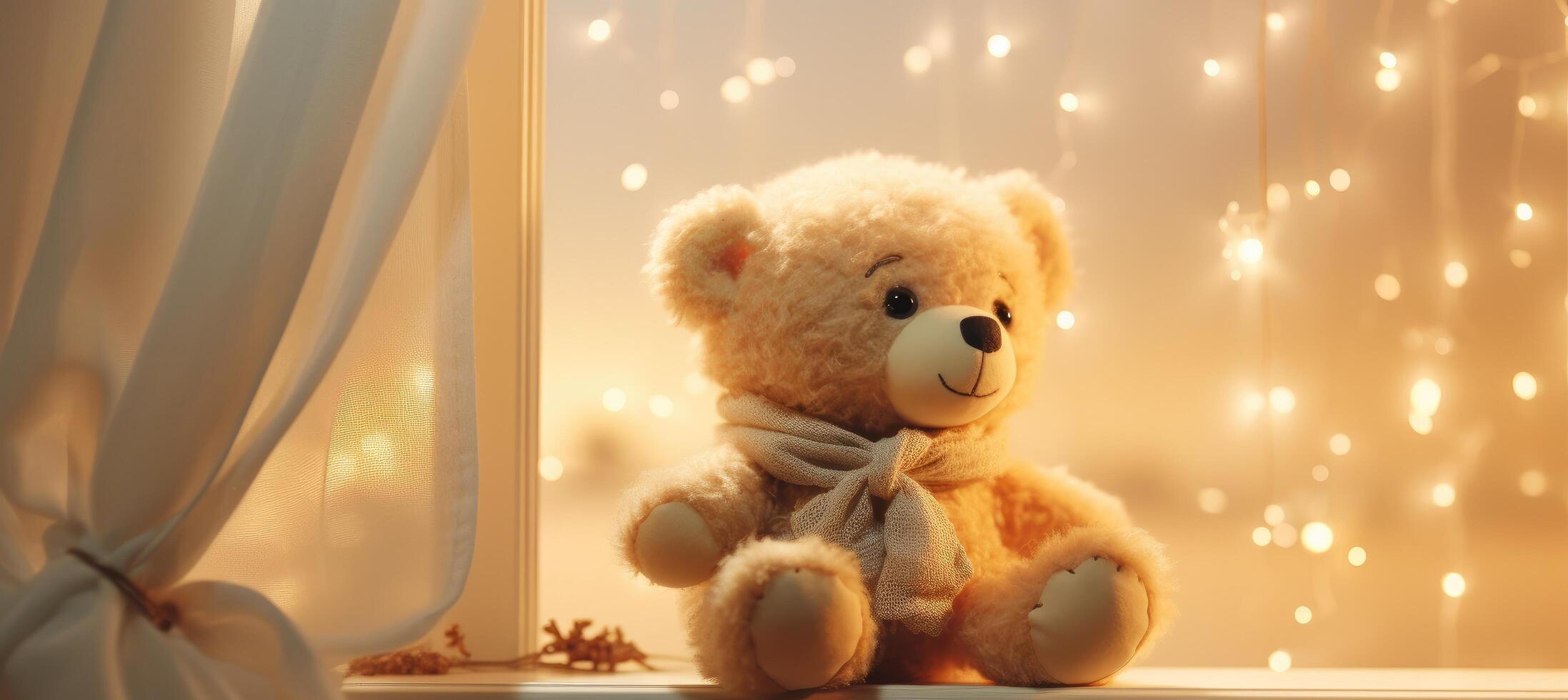 AI generated a bear sits by the window with star lights, photo