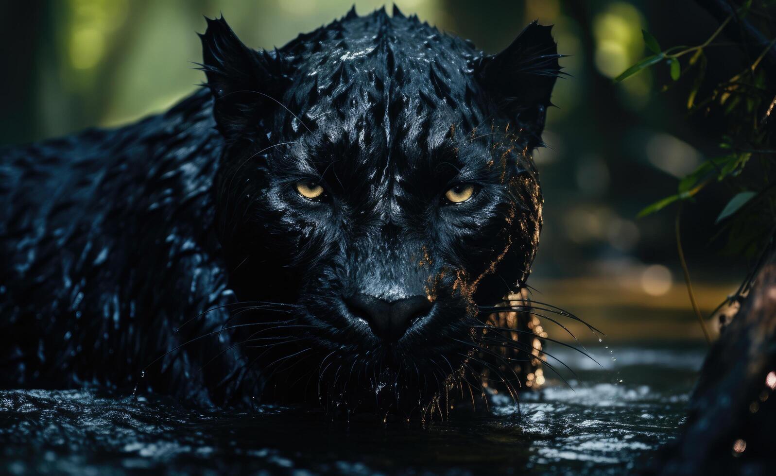 AI generated a black panther is walking in water and looks into the camera photo