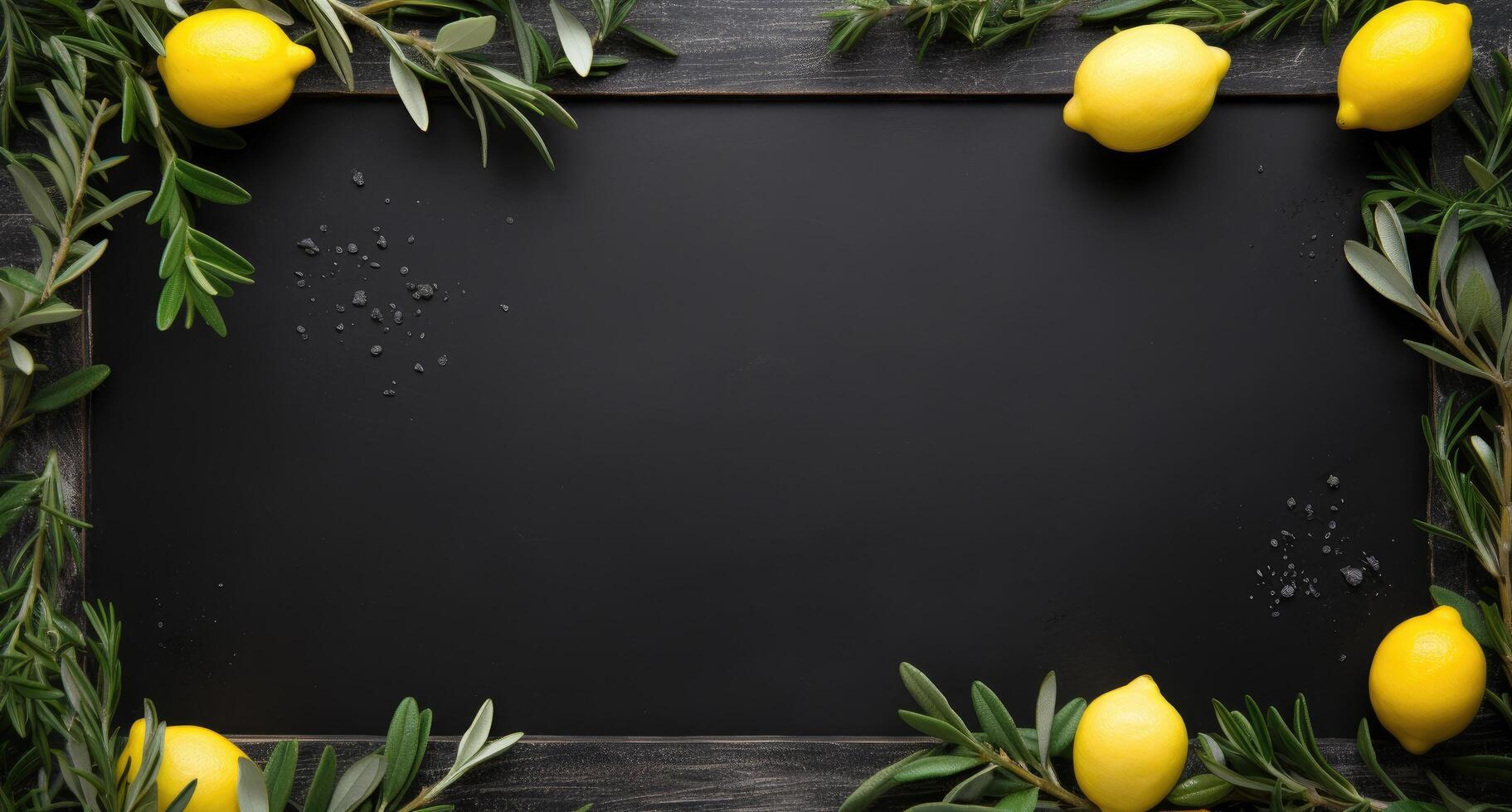 AI generated a black board and rosemary, lemon, olive branches and leaves, natural texture photo