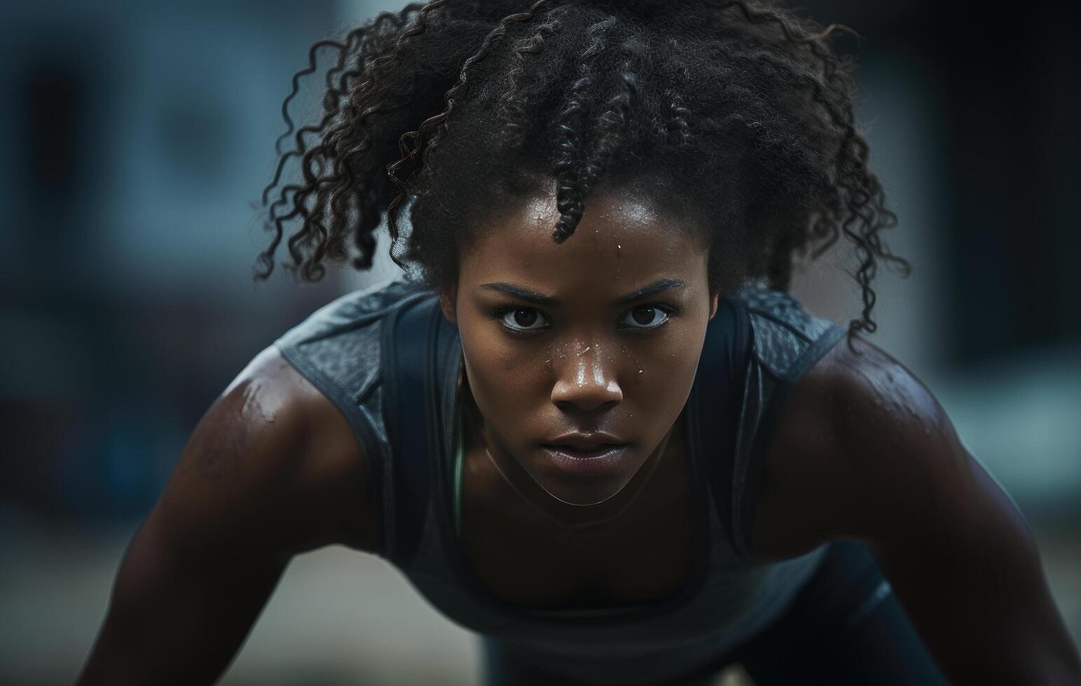 AI generated a black female runner clinging to the ground photo