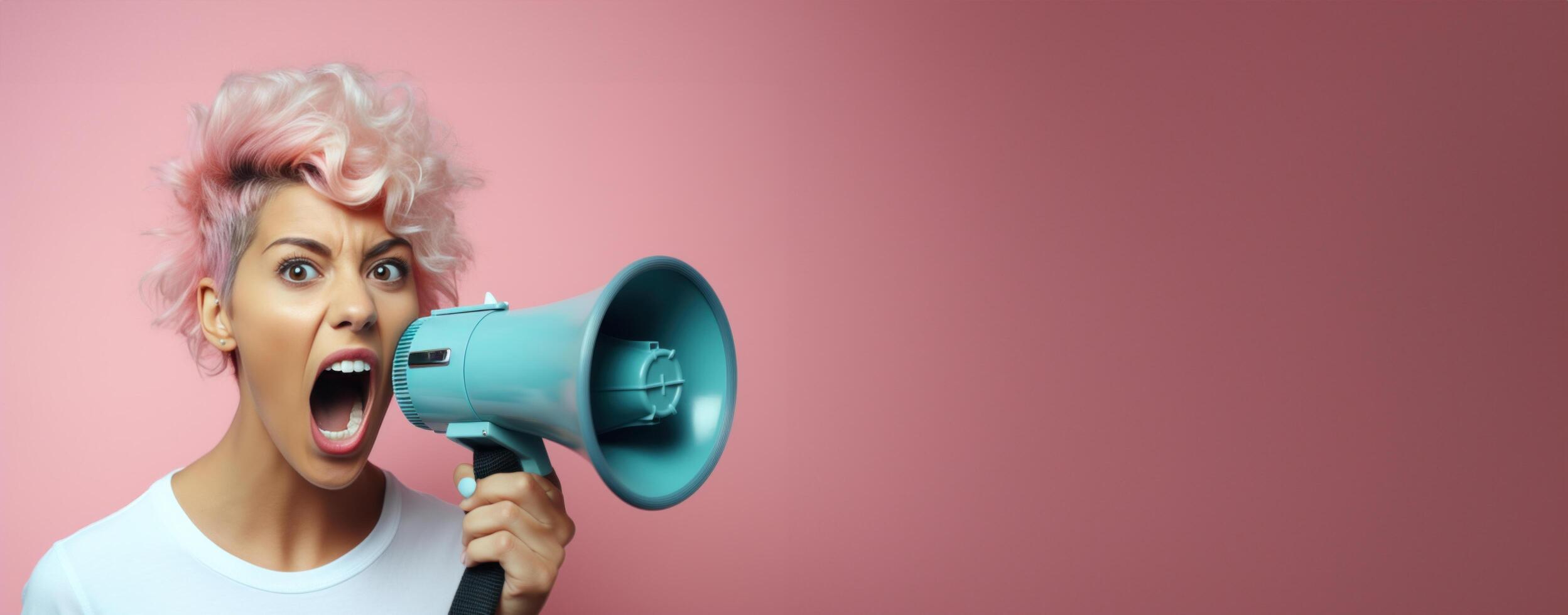 AI generated young happy woman shouting into megaphone on pink backdrop loud shout out photo