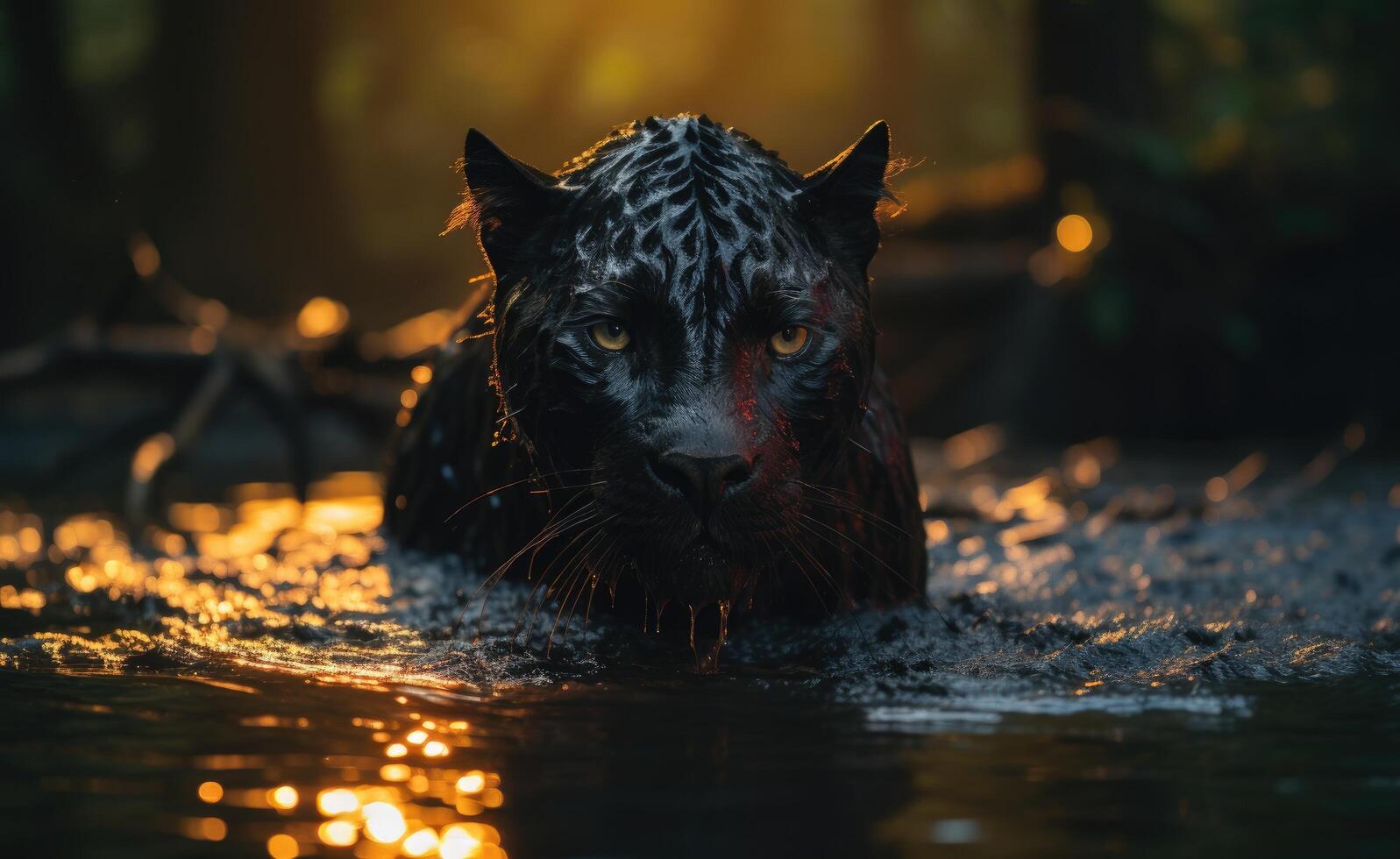 AI generated a black panther is walking in water and looks into the camera photo