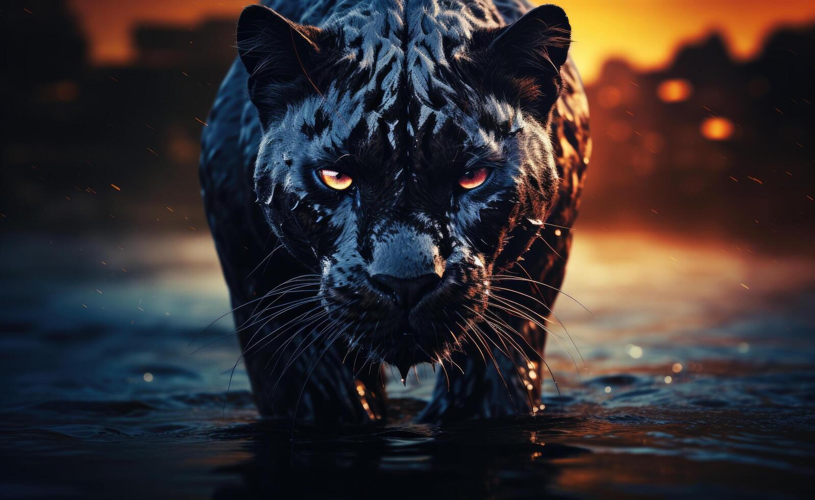 AI generated a black panther is walking in water and looks into the camera photo