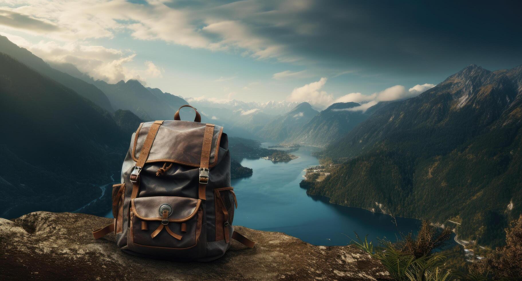 AI generated a backpack that is sitting on a mountain, photo