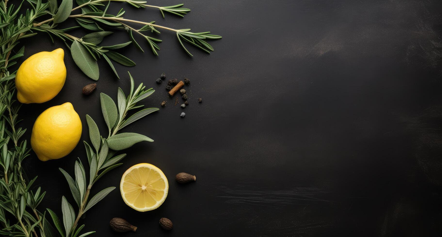 AI generated a black board and rosemary, lemon, olive branches and leaves, natural texture photo