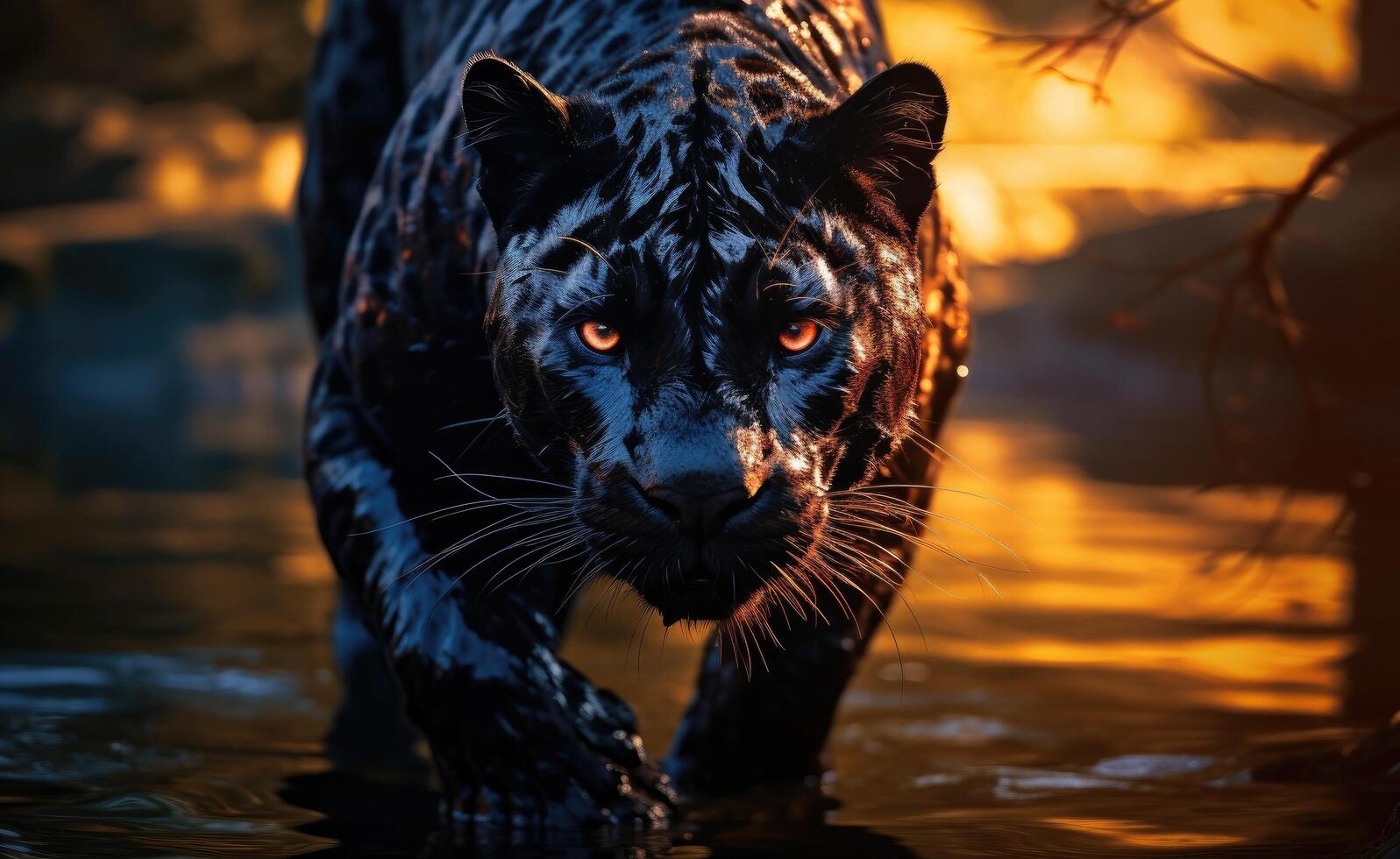 AI generated a black panther is walking in water and looks into the camera photo