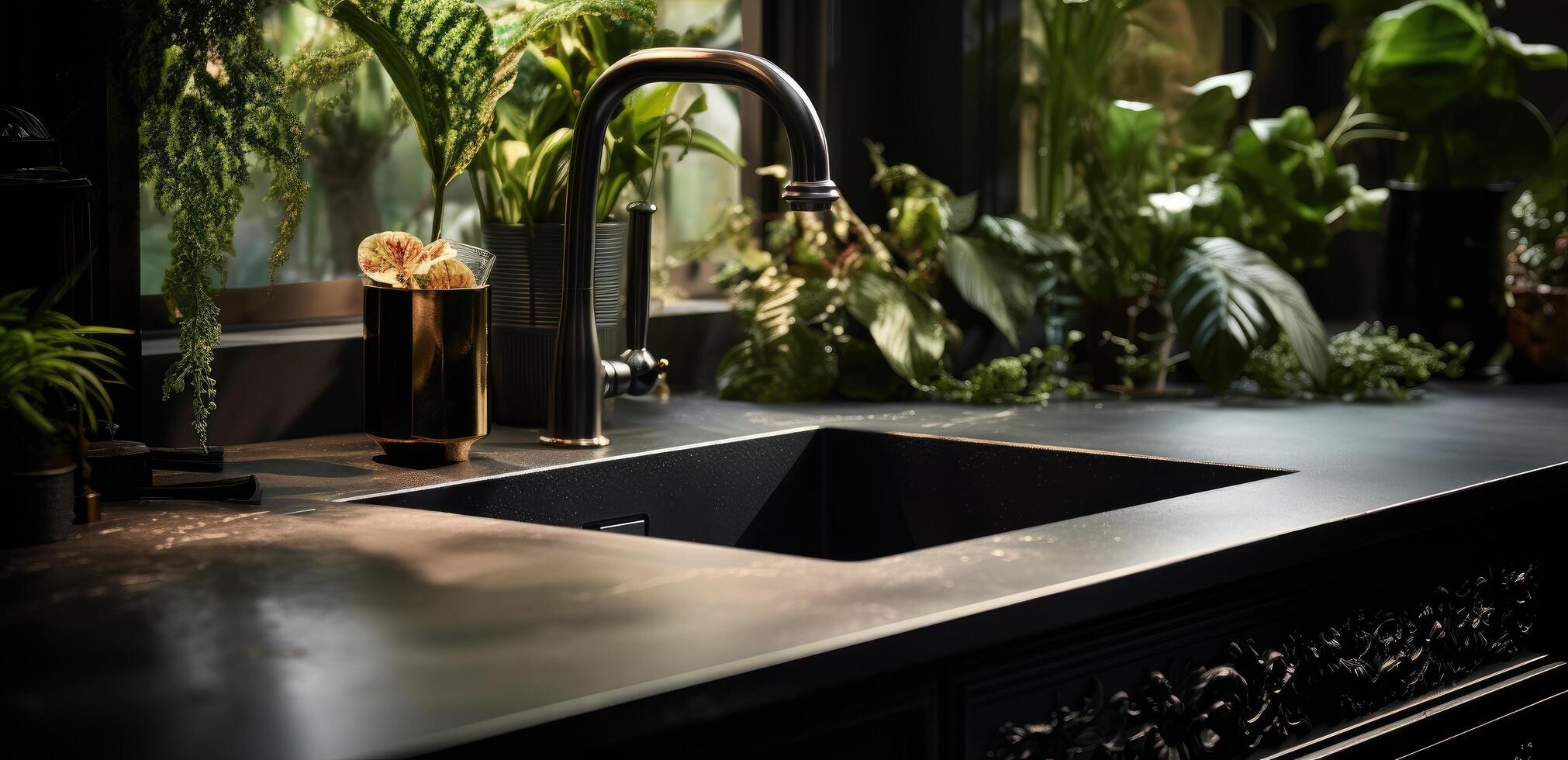 AI generated a black kitchen sink with large plants around it photo