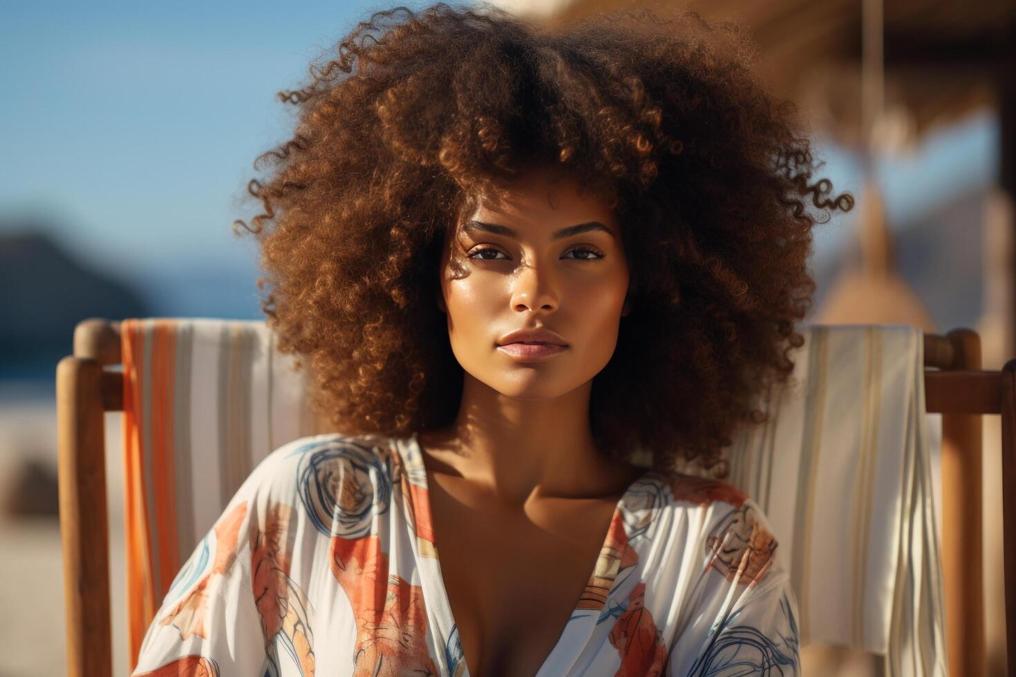 AI generated young woman with brown afro looking to the camera in a deck chair photo