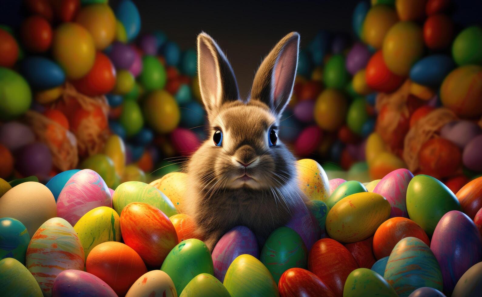 AI generated a bunny sitting in colorful eggs surrounding him photo