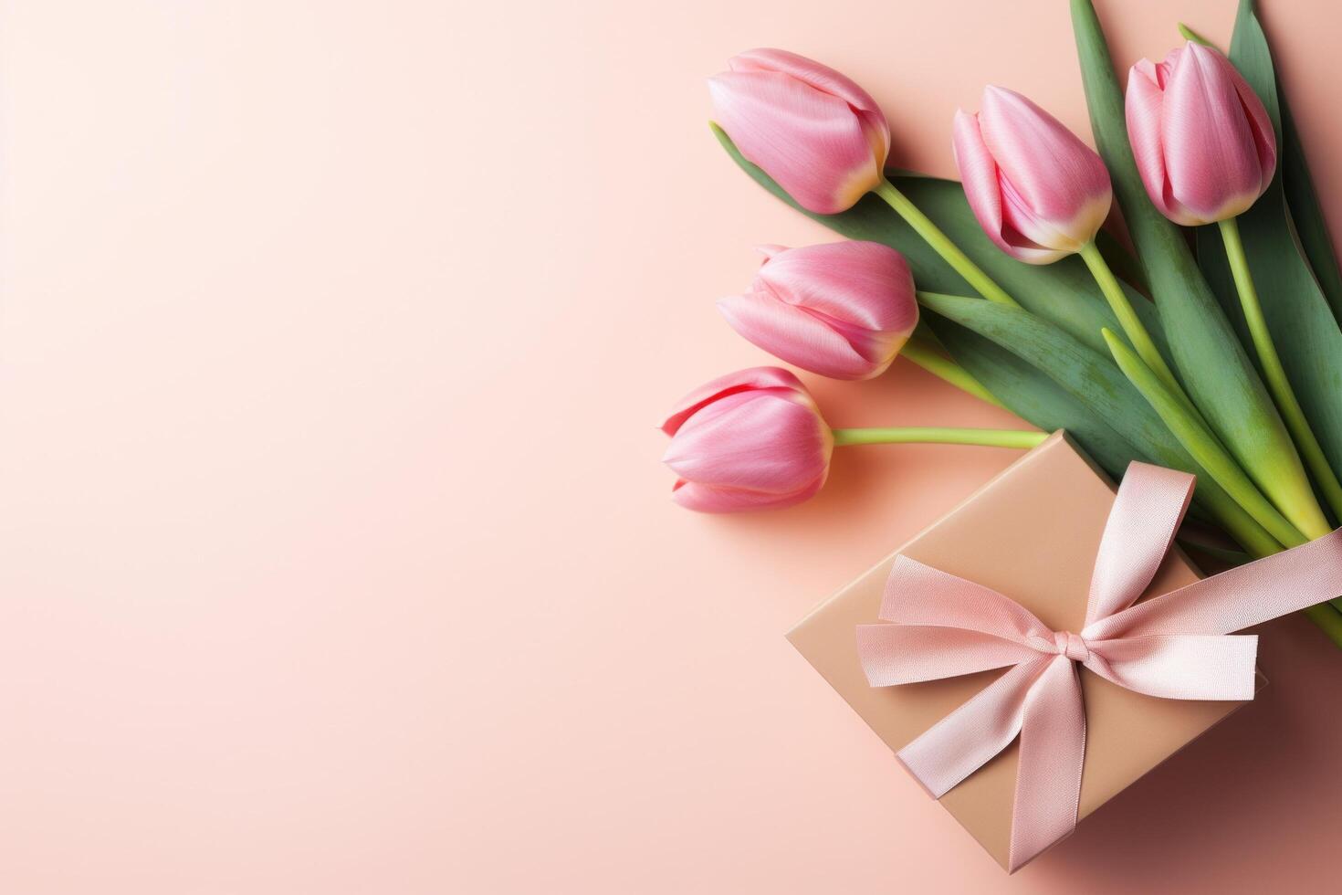 AI generated Valentines Day gifts on a pink desktop pink ribbon and tulips photo