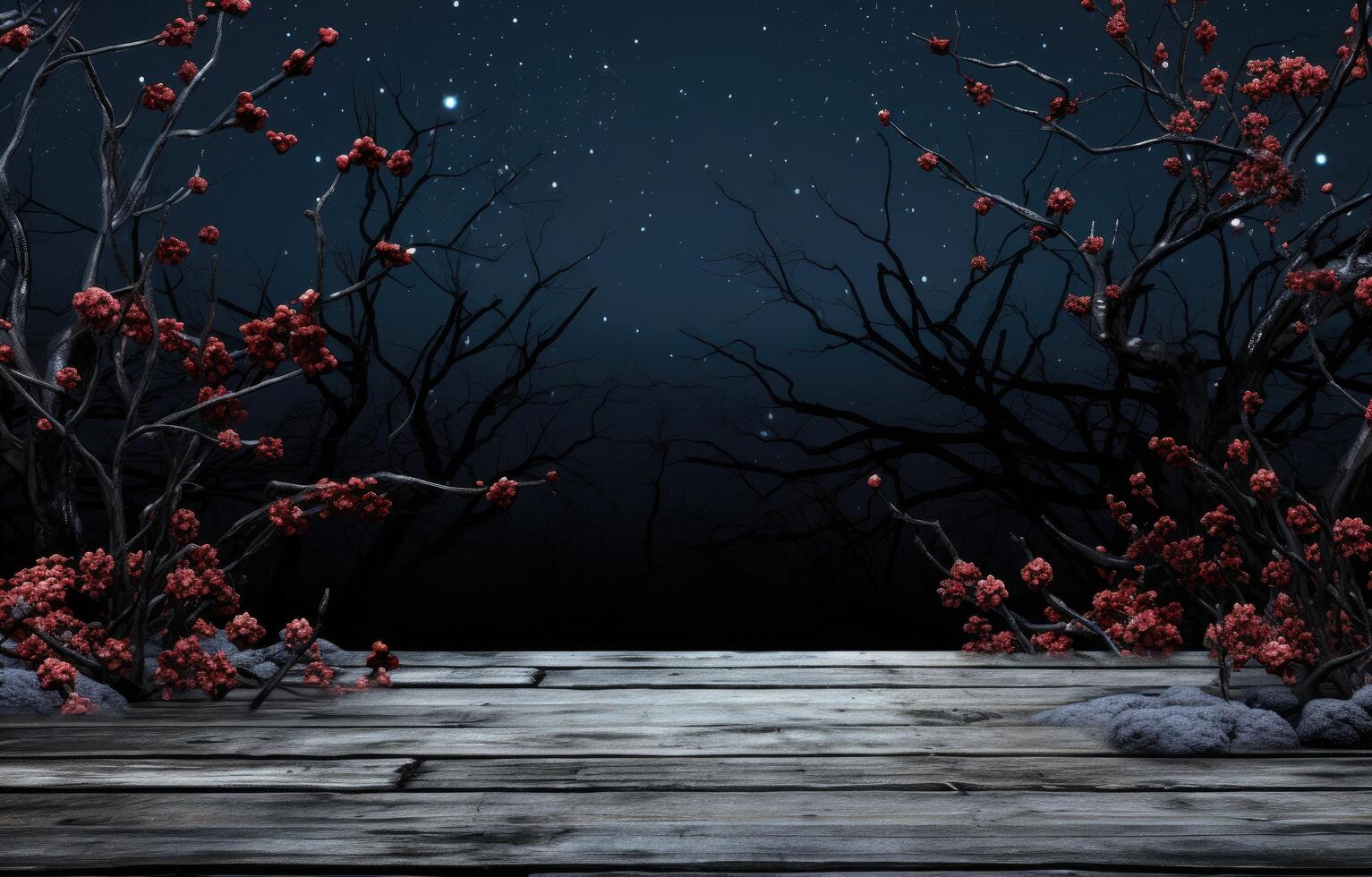 AI generated a cold winter scene with red buds on an overturned wood platform photo