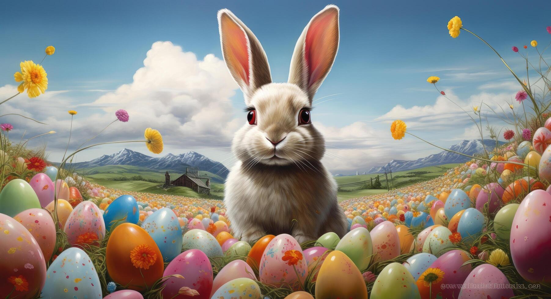 AI generated a bunny sitting in colorful eggs surrounding him photo