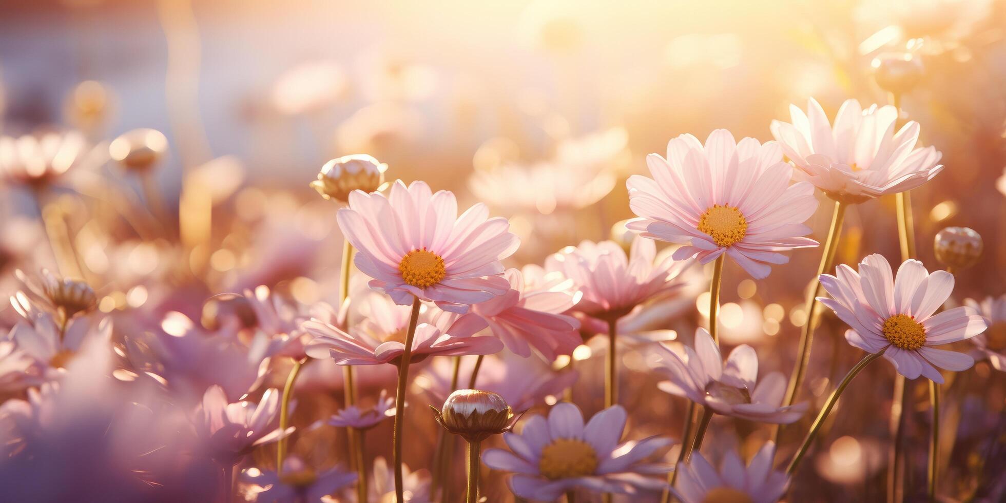 ai generado un campo de amarillo y blanco flores con Dom rayos en antecedentes foto