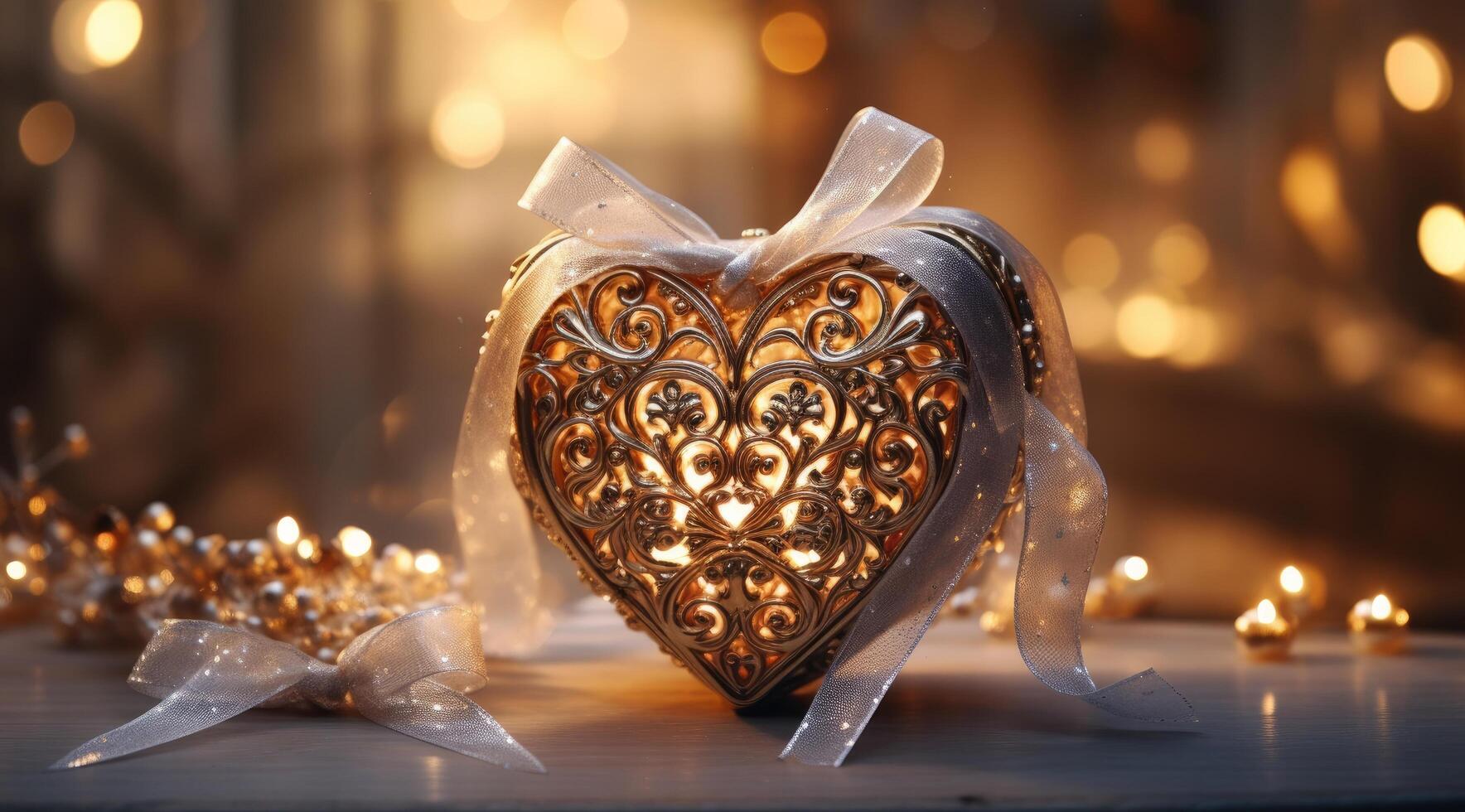 AI generated a heart shape gift box on top of an ornamental table photo