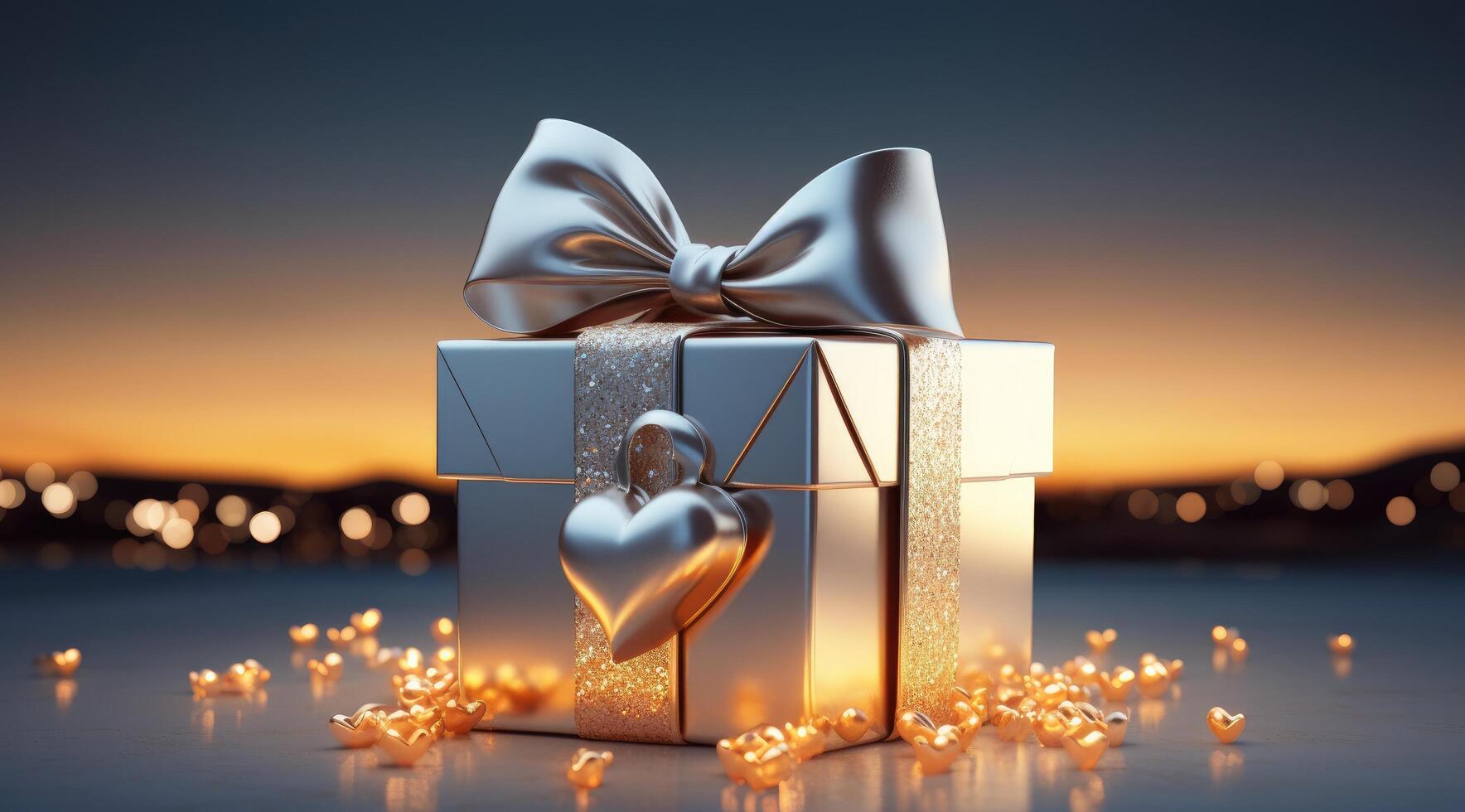 AI generated a silver heart gift box with bow and golden ribbon on a sunny night sky photo