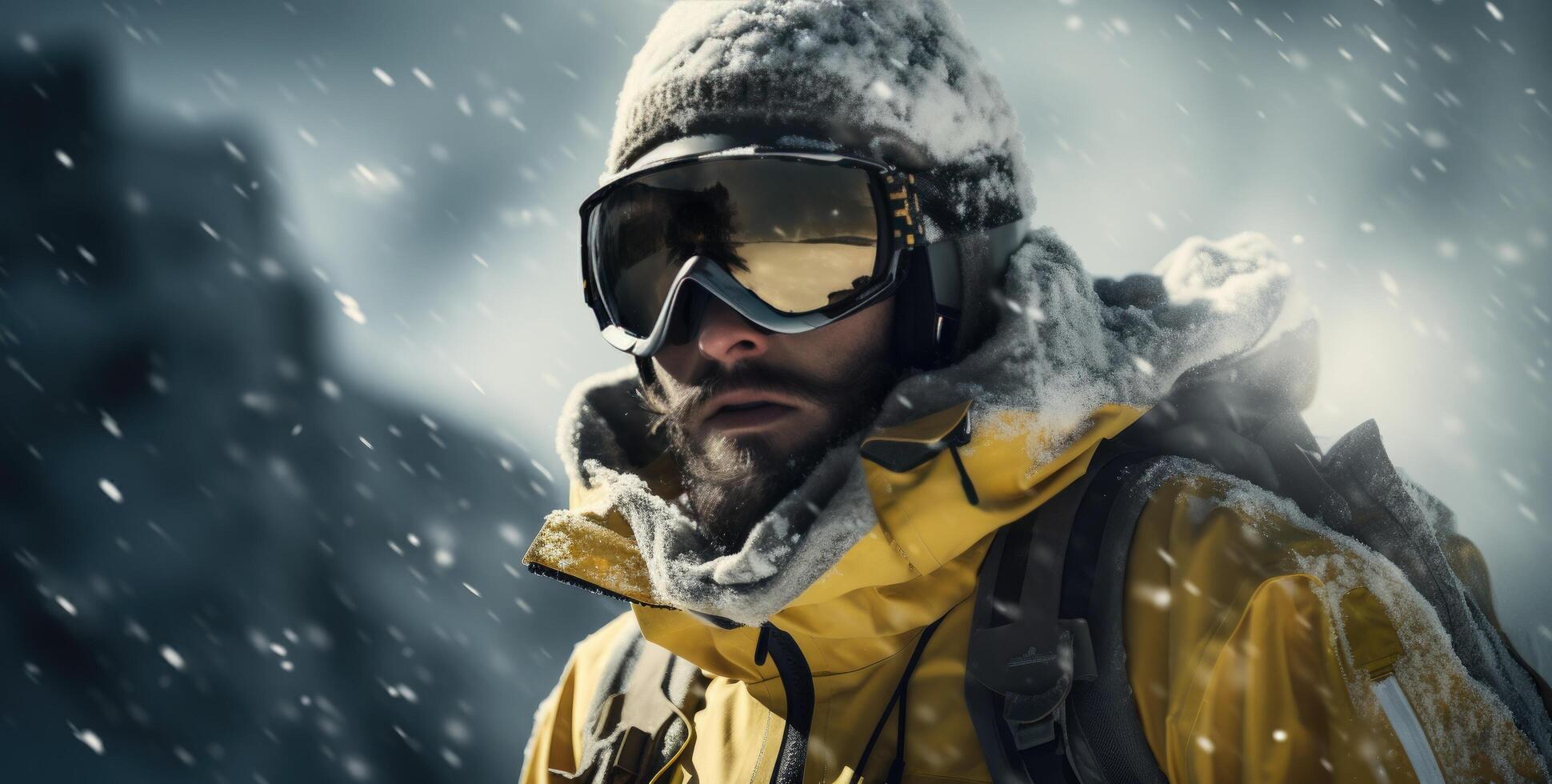 AI generated a man who is dressed in a coat and goggles is snowboarding photo