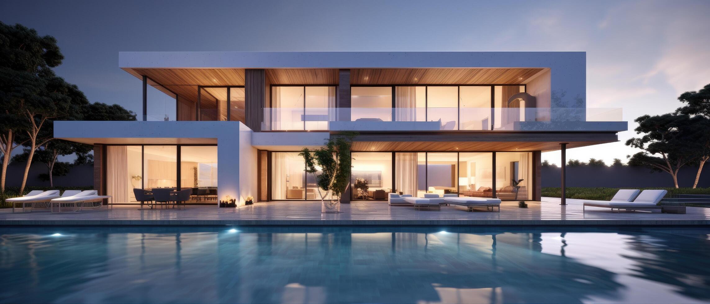 AI generated a rendering of a modern house with pool photo