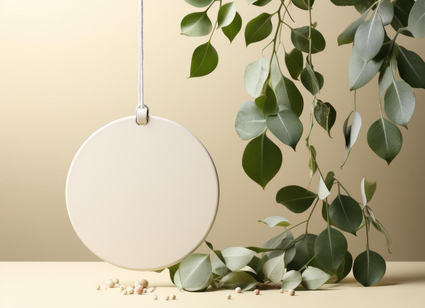 AI generated a white circle with eucalyptus leaves on it, photo