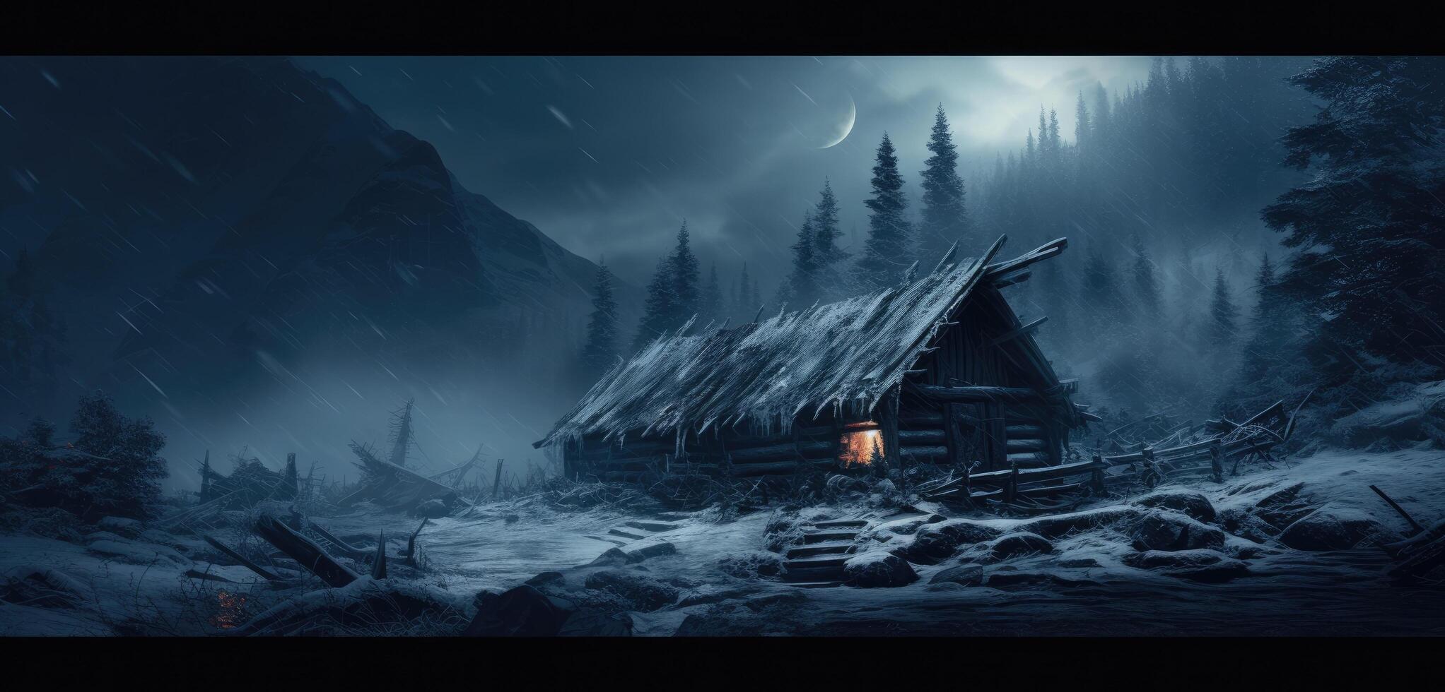 AI generated a dark hut with snow blowing around it in the woods photo