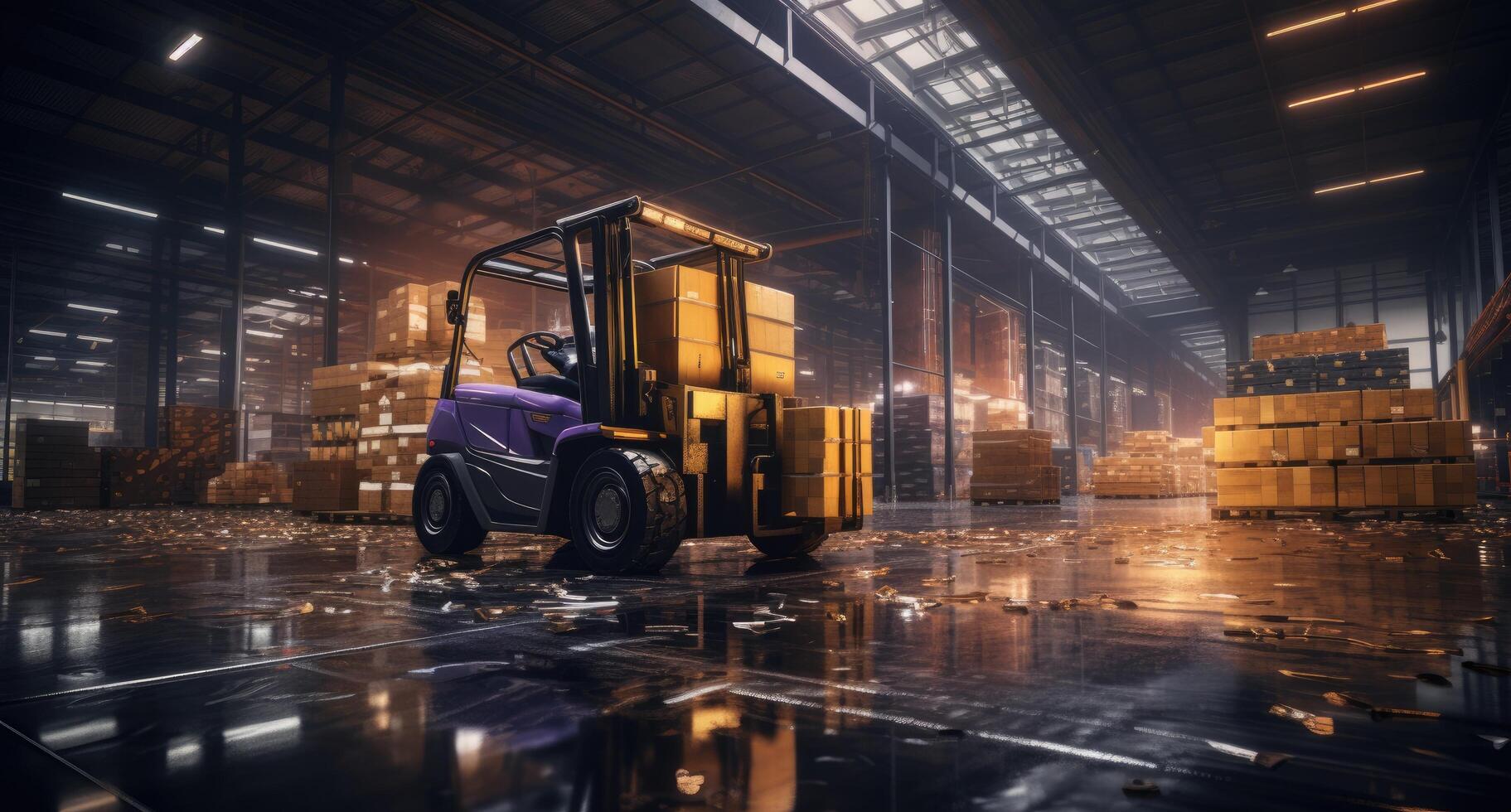 AI generated a forklift truck is driving through a warehouse photo