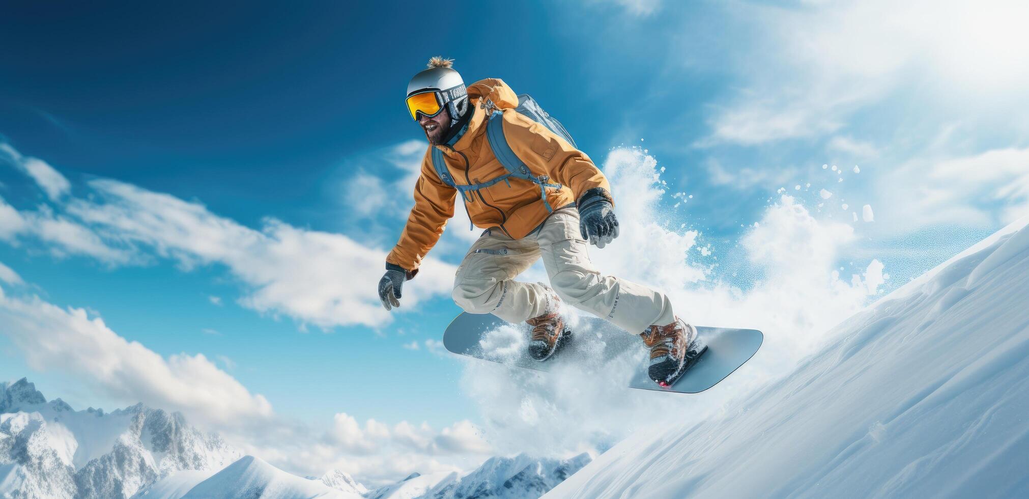 AI generated a snowboarder flying through a snowy valley in an orange hat photo