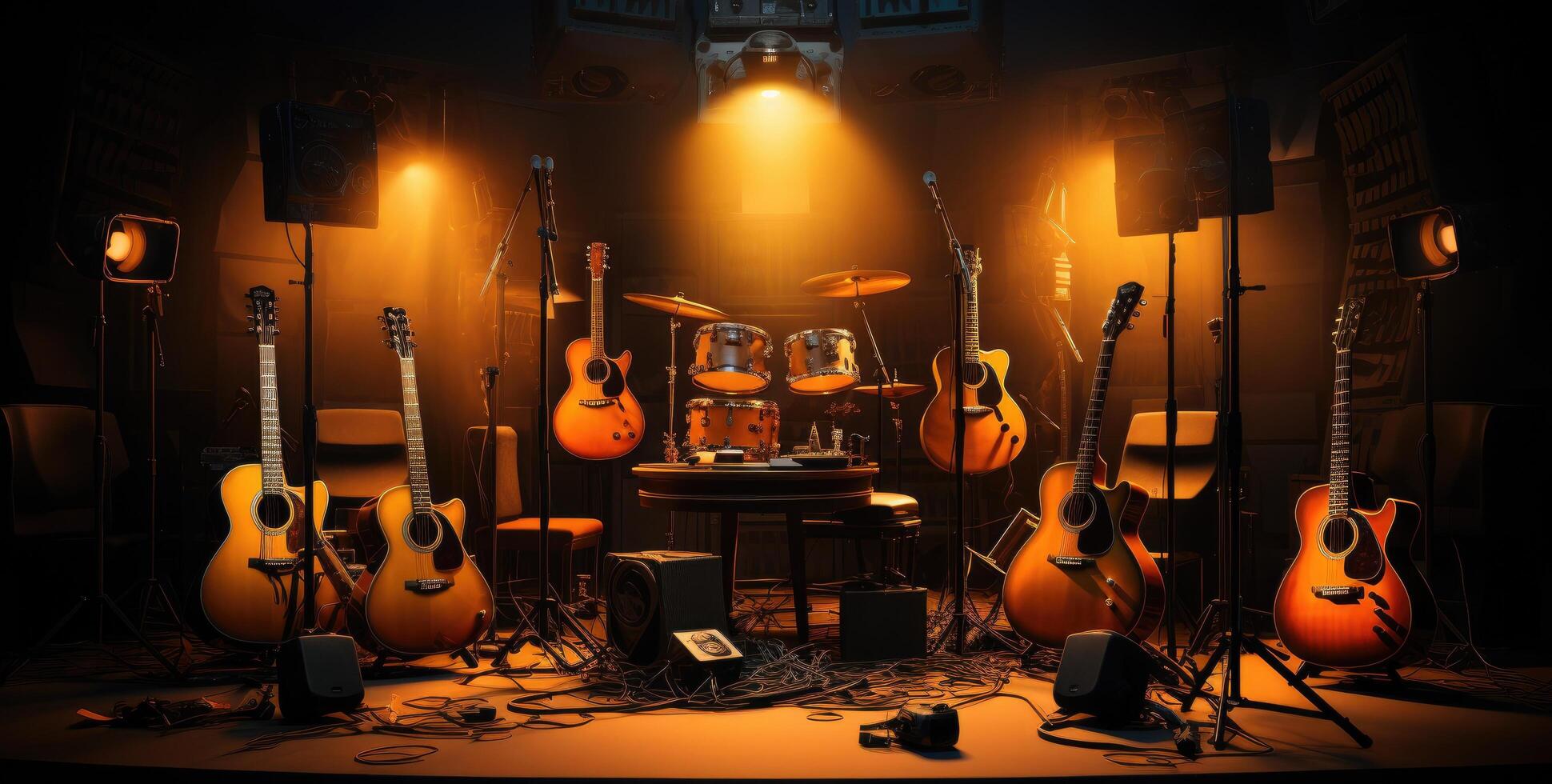 AI generated a microphone with guitars and lighting stands in a lighting booth photo