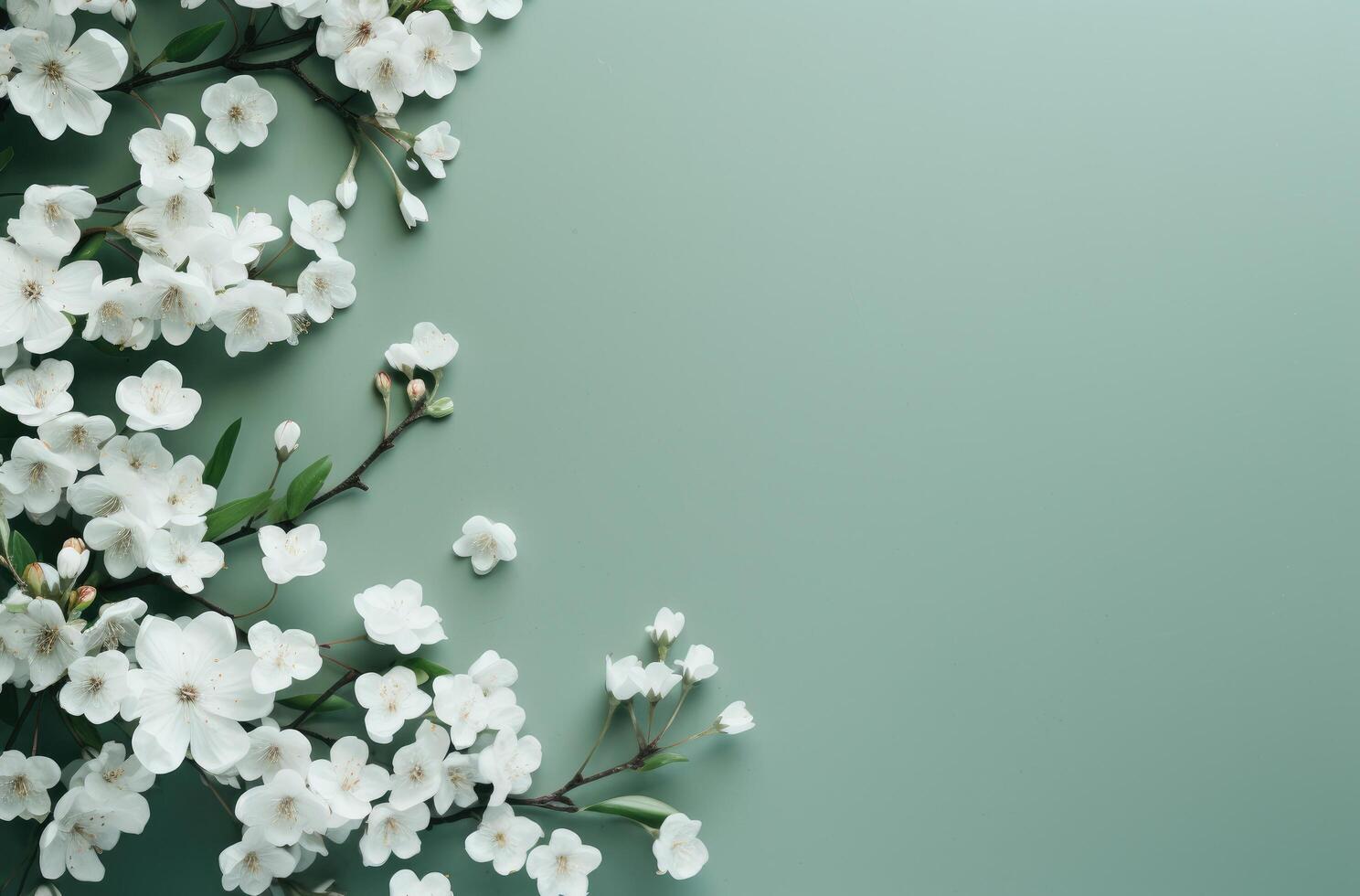ai generado un blanco marco de flores rodea un verde superficie, foto