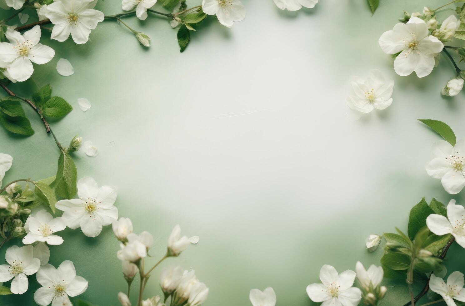 ai generado un blanco marco de flores rodea un verde superficie, foto