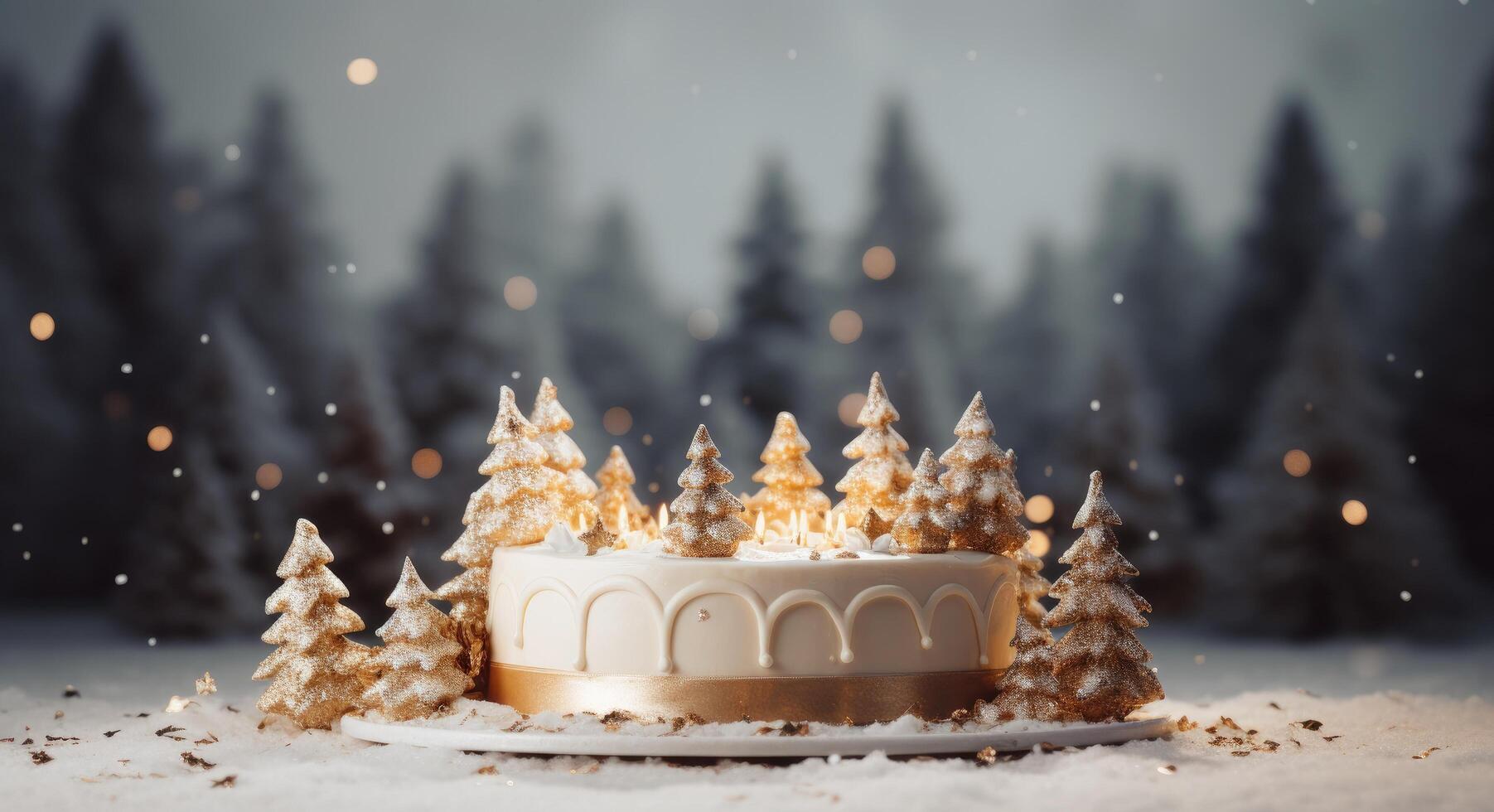 AI generated a simple cake with christmas trees is placed in a snowy backdrop photo