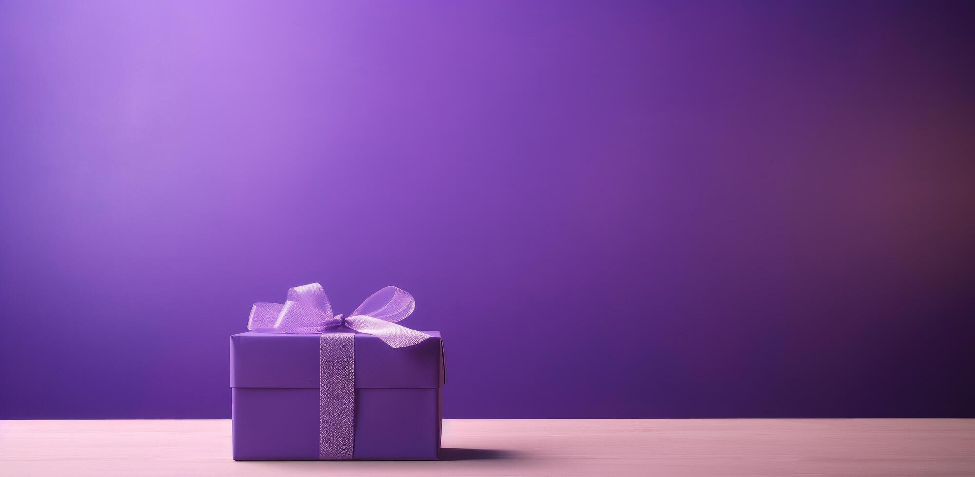 AI generated a purple gift box with a ribbon on a wooden table against a purple wall photo