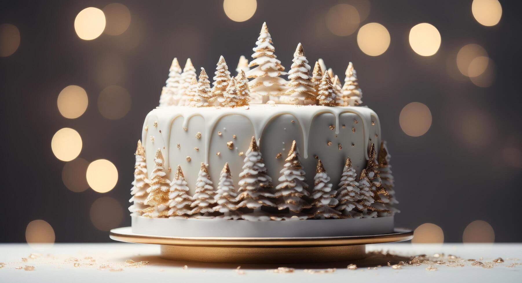 AI generated a simple cake with christmas trees is placed in a snowy backdrop photo