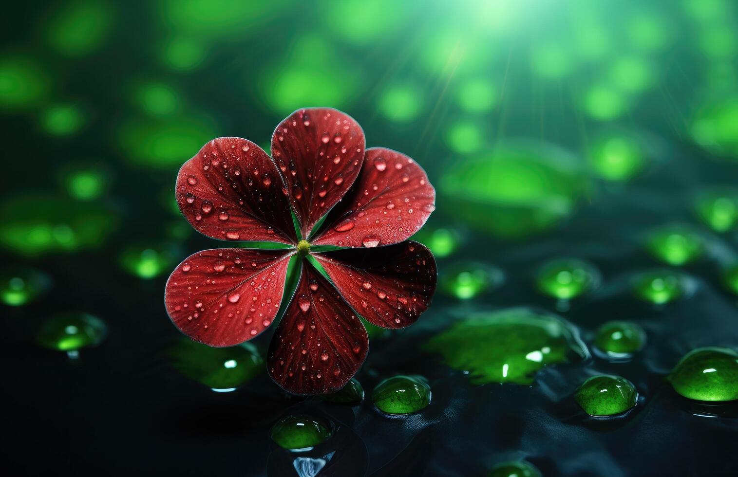 AI generated a small red four leaf clover with water drops, photo