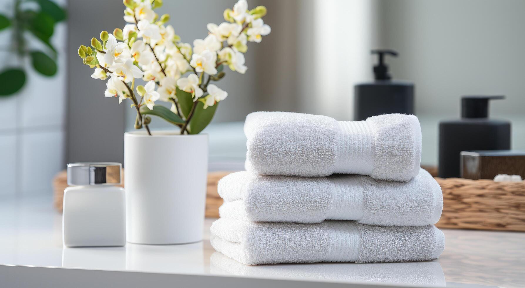 AI generated a pair of stacked towel towels on a bathroom countertop photo