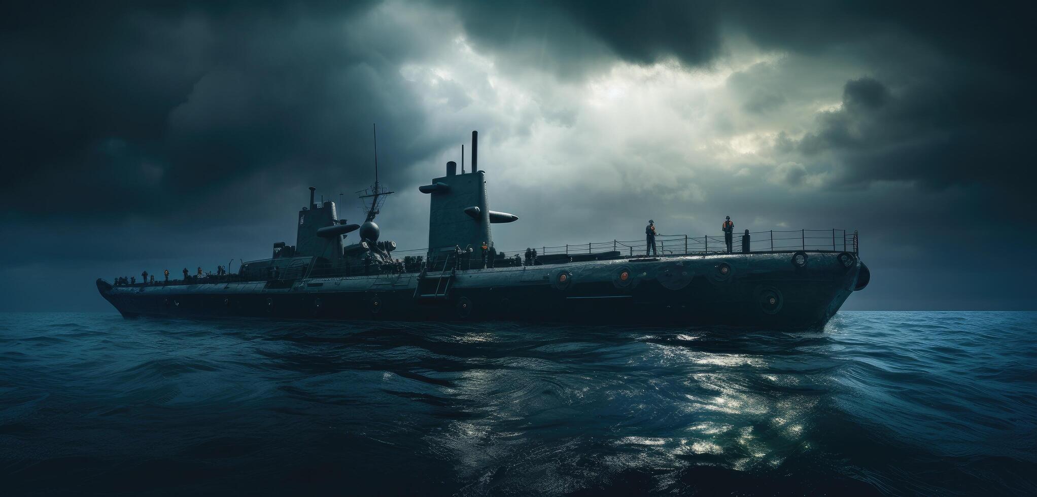 AI generated a large black submarine in the sea under an old cloudy sky photo