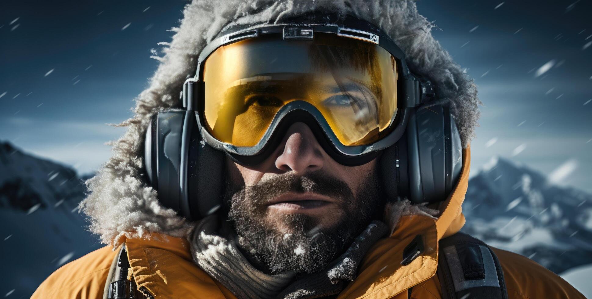 ai generado un hombre en un amarillo chaqueta y gafas de protección es en un congelado montaña foto