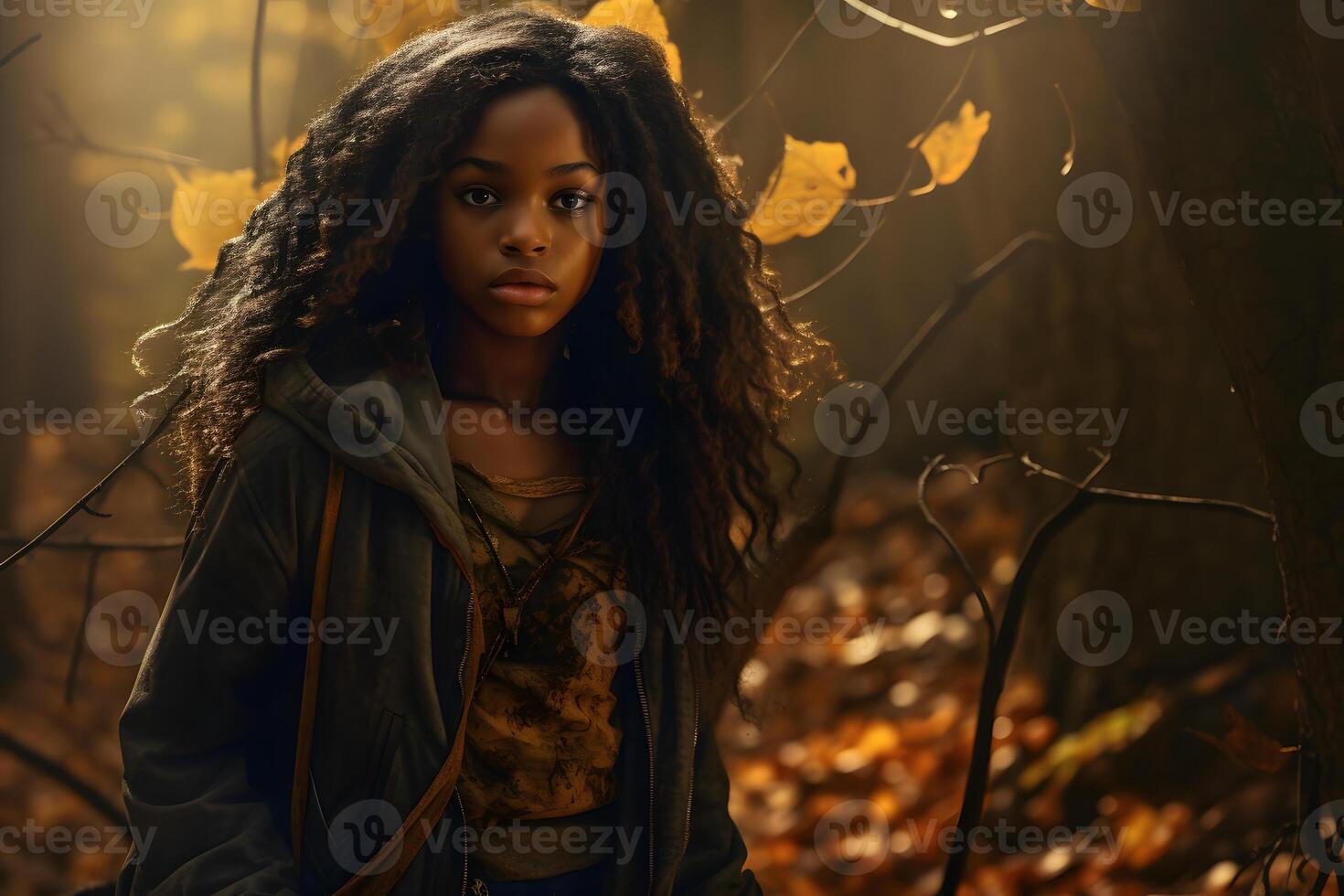AI generated African American girl lost in forest at autumn evening, neural network generated photorealistic image photo