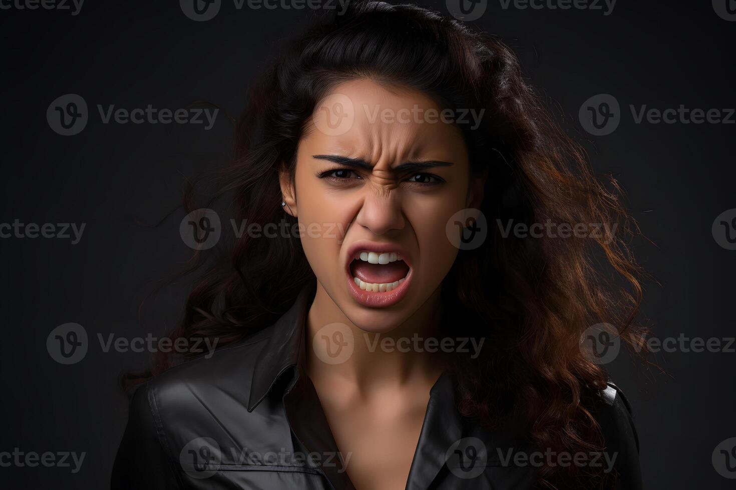 AI generated Angry young adult Latin American woman yelling on black background. Neural network generated photorealistic image. photo