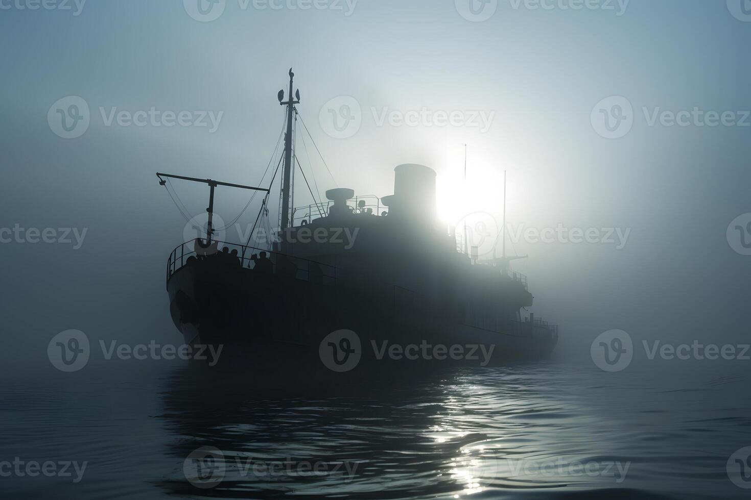 AI generated spectral ghost ship at foggy morning or evening. Neural network generated image photo