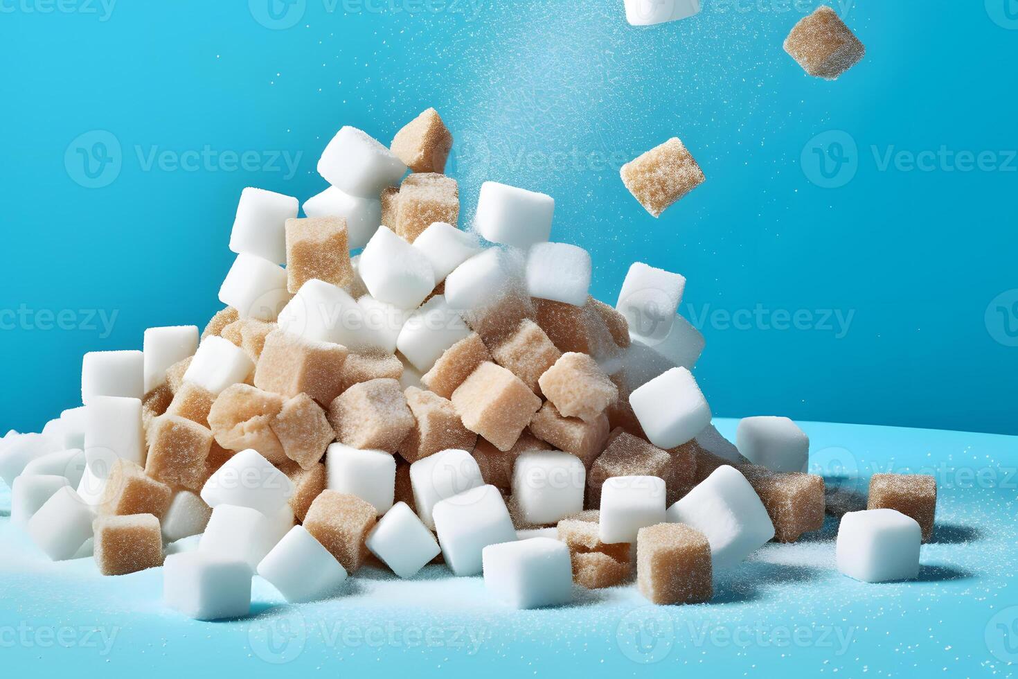 AI generated white and brown sugar cubes piled on a bright blue background, neural network generated photorealistic image photo