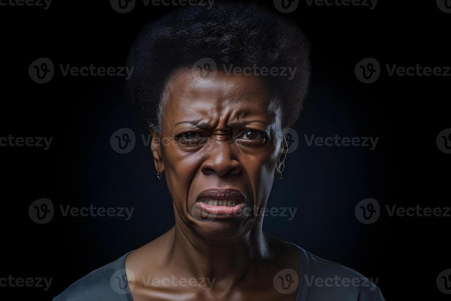 AI generated Angry senior African American woman, head and shoulders portrait on black background. Neural network generated image photo