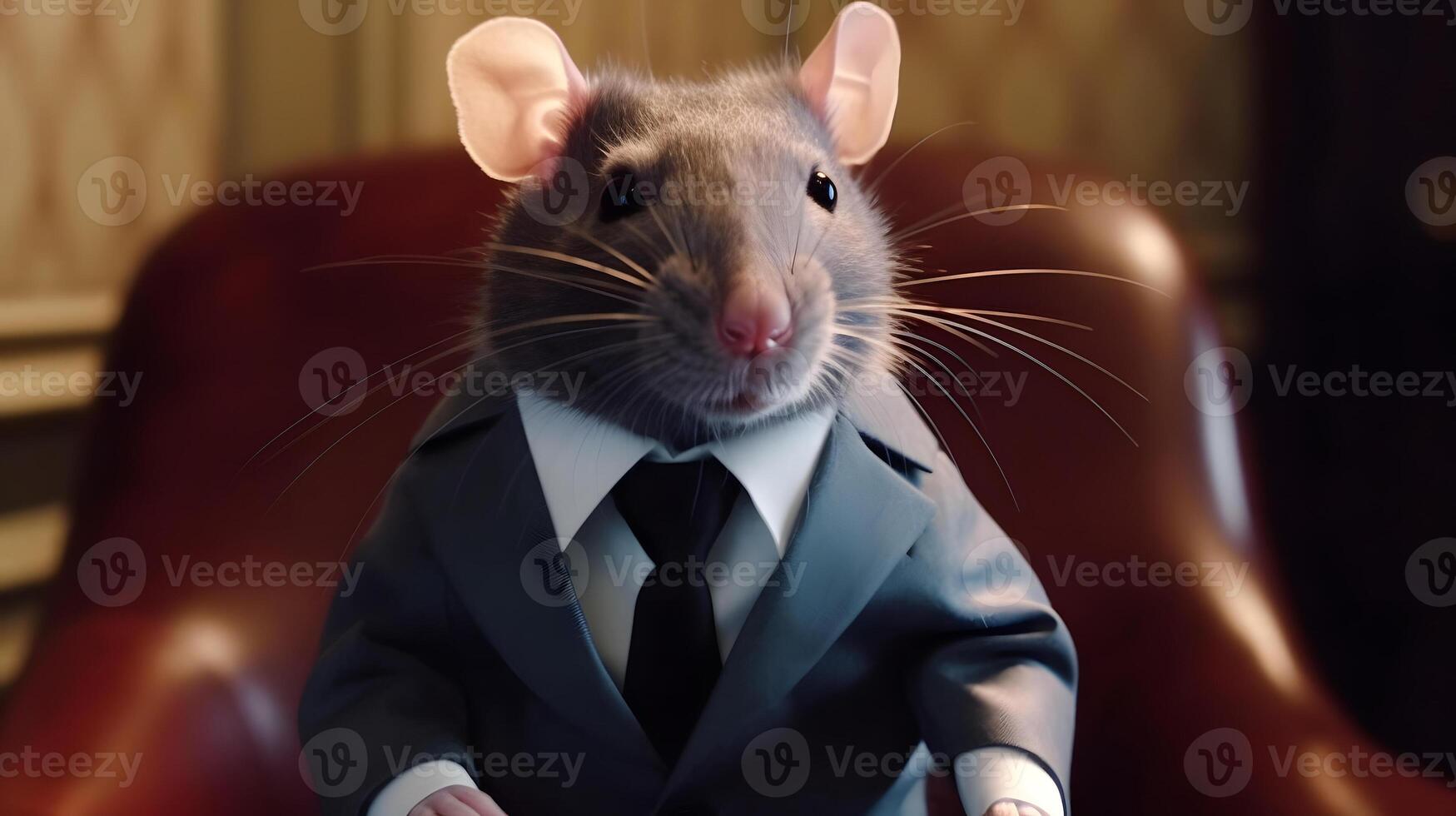 AI generated rat as president wearing costume and sitting in president chair, neural network generated image photo