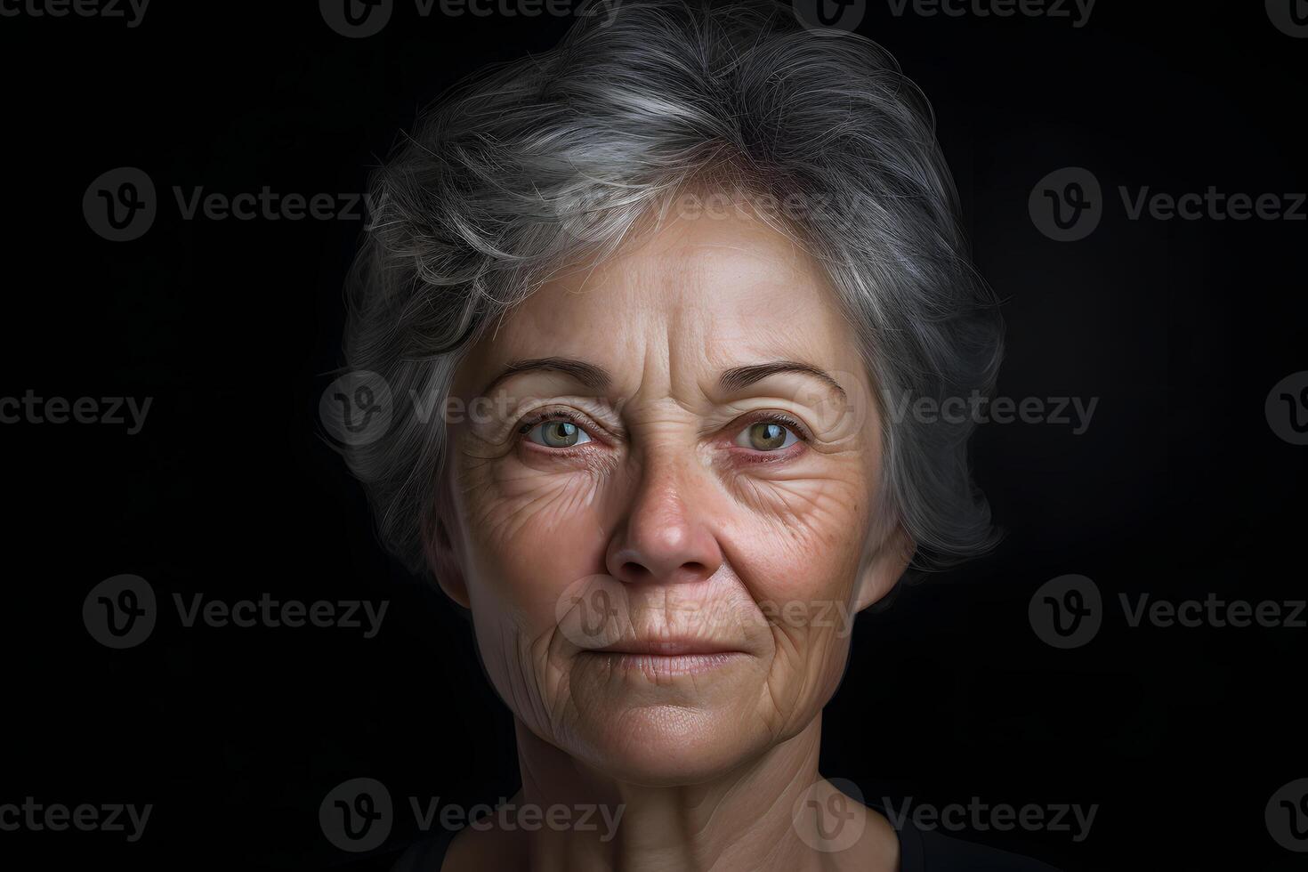 AI generated Portrait of senior gray-haired Caucasian woman on black background. Neural network generated photorealistic image. photo